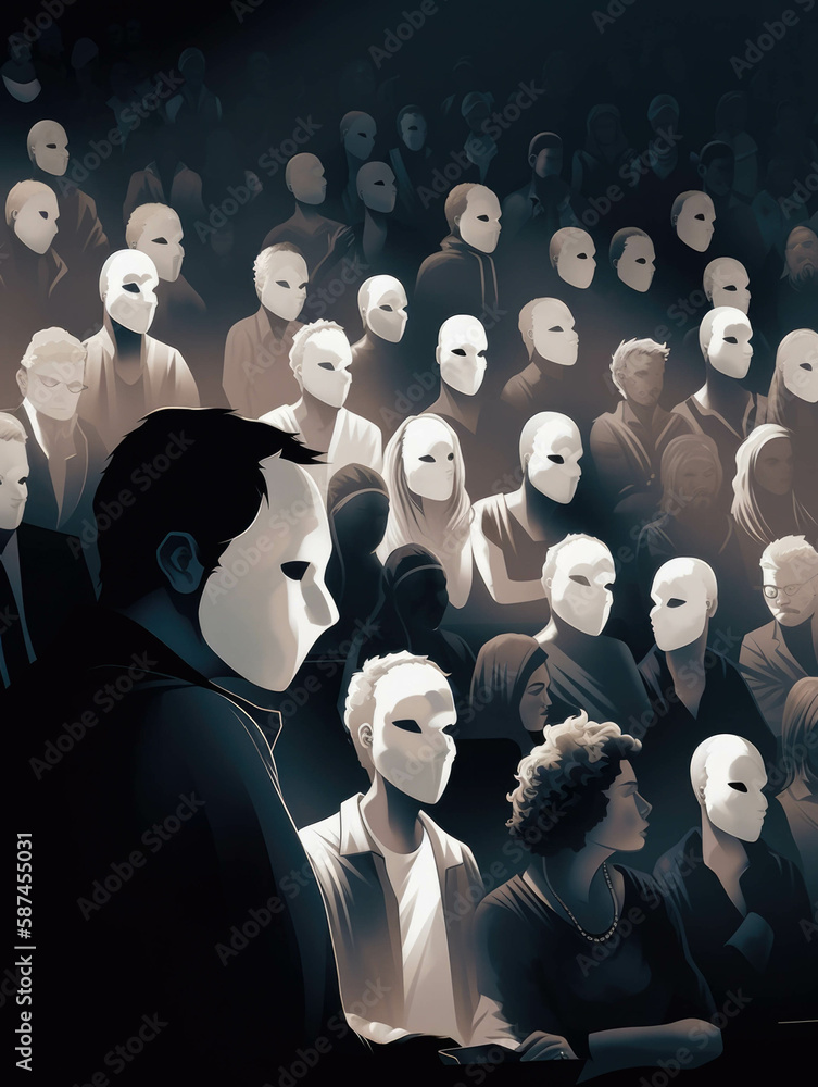 Poster a crowd of people wearing white masks gathering in an auditorium and listening to a speaker whose fa