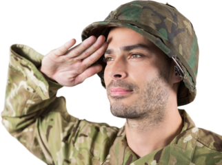Close up of confident soldier saluting