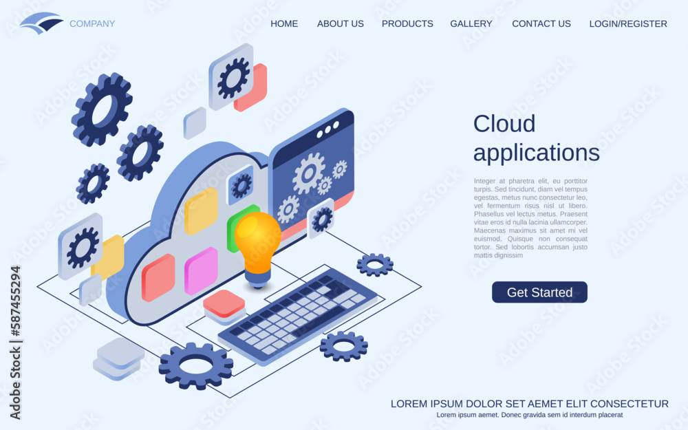Poster cloud applications modern 3d isometric vector concept illustration. landing page design template