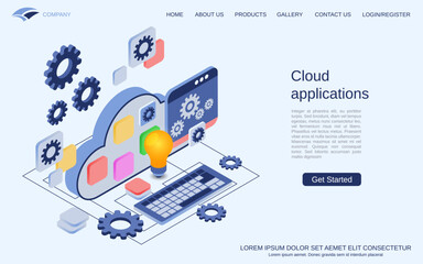 Cloud applications modern 3d isometric vector concept illustration. Landing page design template