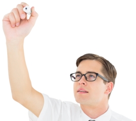 Geeky businessman writing with marker