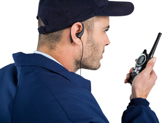 Close up of security officer talking on walkie talkie - obrazy, fototapety, plakaty