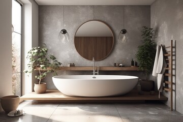 modern bathroom with a round mirror and a freestanding white bathtub. Generative AI