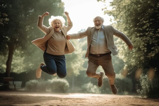 Grandpa and grandma are jumping for joy. Leisure of happy energetic pensioners. AI generated, human enhanced