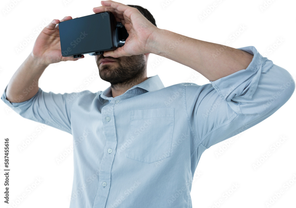 Poster man holding oculus rift headset while using