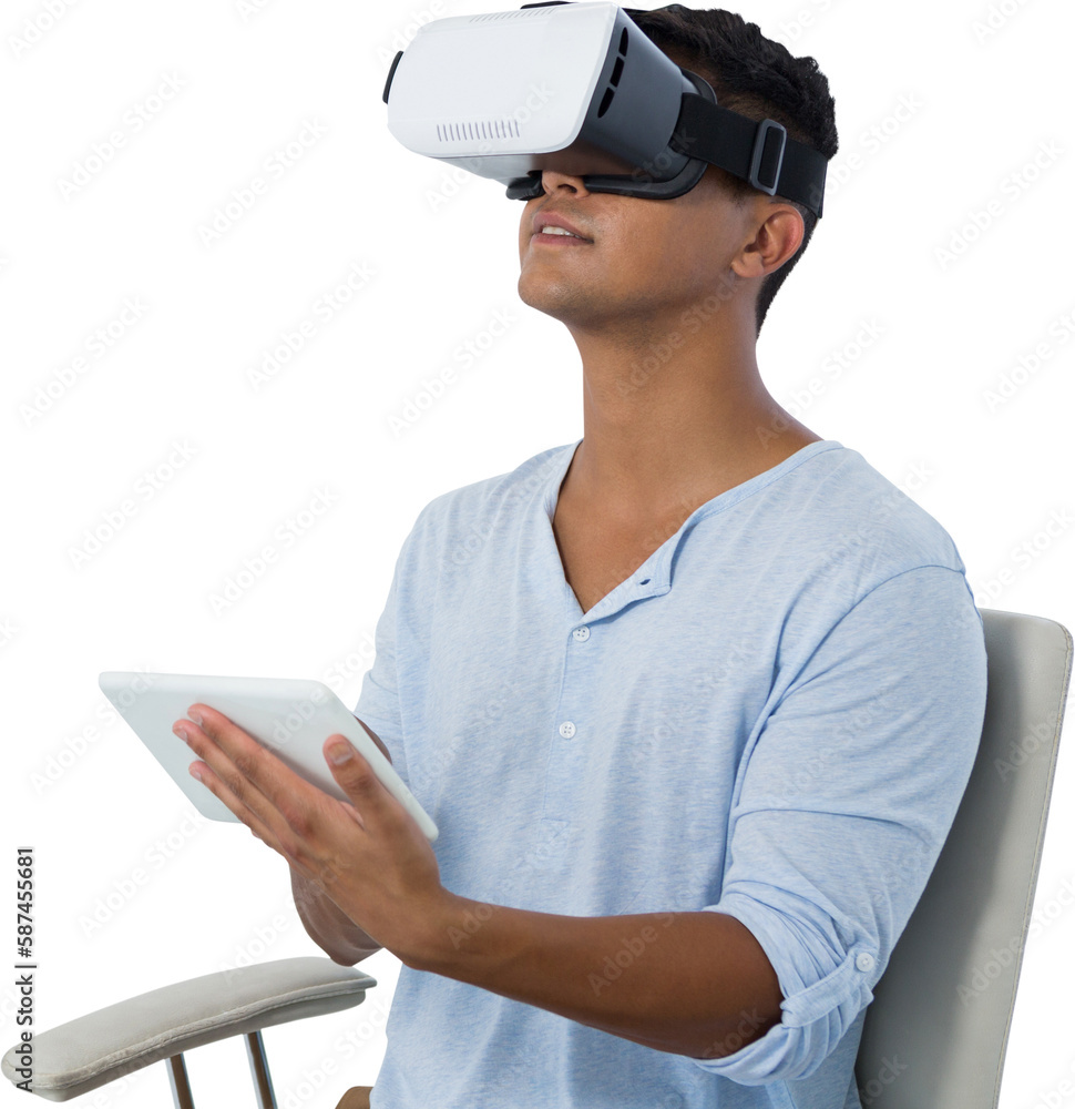 Poster man using virtual reality headset and digital tablet