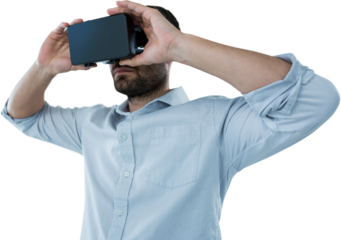 Man holding oculus rift headset while using