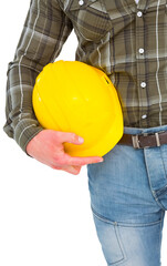 Manual worker holding helmet