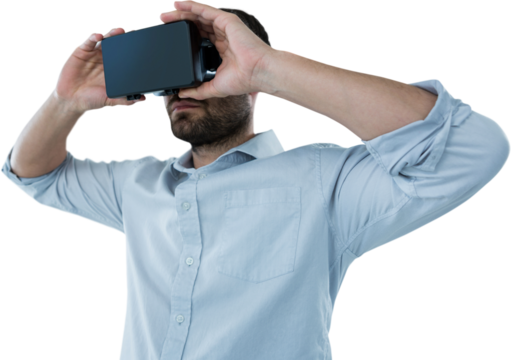 Man holding oculus rift headset while using