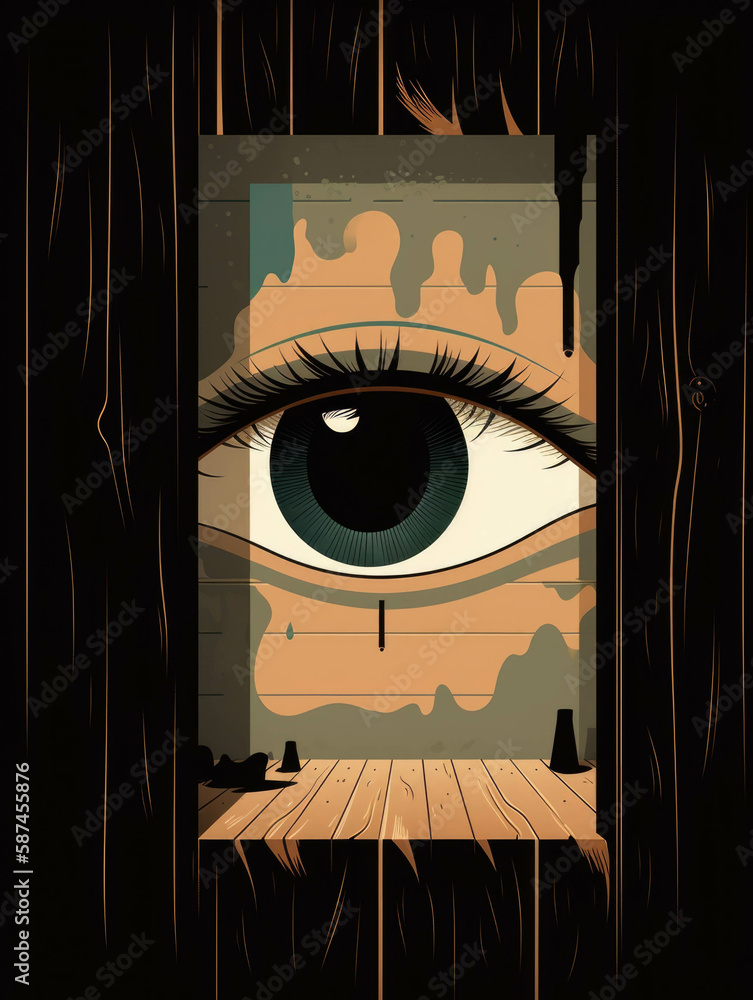 Poster an eye peeking through a crack in a doorway watching soing just out of frame.. ai generation.