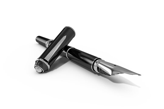 Metallic black fountain pen against white background