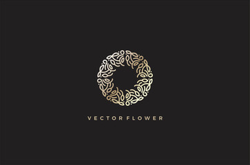 Vector round logo monogram design template in line art flowers and leaves. Emblem luxury badge