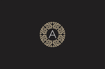 Vector round logo monogram design template in line art flowers and leaves. Emblem luxury badge