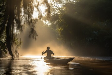 A powerful photo of a man on a boat, journeying through the heart of the Amazon, with the sun shining down and the jungle alive with the sounds of wildlife.