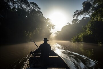 A beautiful image of a man on a boat, traveling down the Amazon River, with the sunlight reflecting off the water and the lush jungle providing a stunning backdrop.