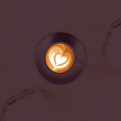 Cappuccino coffe latte art with hearts. Brown tones. 