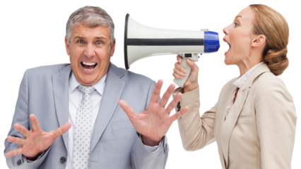 Businesswoman using a megaphone at her colleague