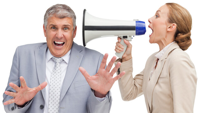 Businesswoman using a megaphone at her colleague