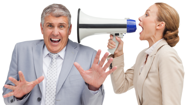 Businesswoman using a megaphone at her colleague
