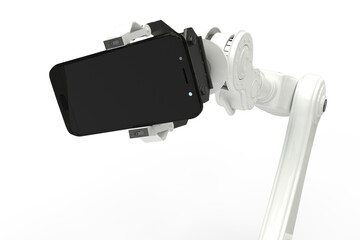 Composite image of robot holding mobile phone