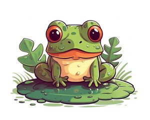 Frog cartoon character sitting on a green leaf. Vector illustration.