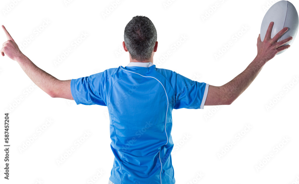 Poster rugby player gesturing with hands