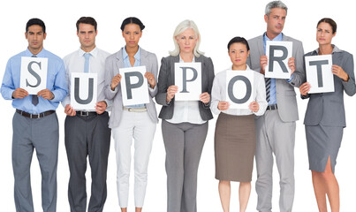 Business people holding support sign