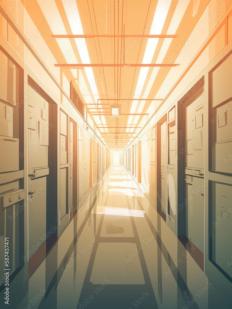 Poster the view down a long corridor of locked doors the sound of muffled voices coming from one of them.. 