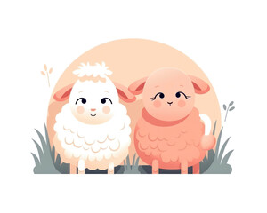 Cute sheeps on a meadow. Vector illustration in cartoon style.