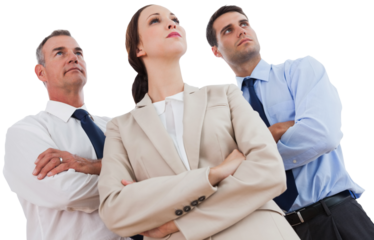 Serious work team posing together looking away