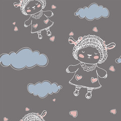 Seamless pattern with cute sheep