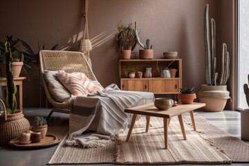 Fototapeta na wymiar Vertical shot of contemporary home lounge area with pleasant interior design, comfy wicker chair, cushions, plaid, carpet, copy space on wall, and cactus plants in baskets. Generative AI