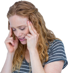 Upset blonde woman suffering from headache