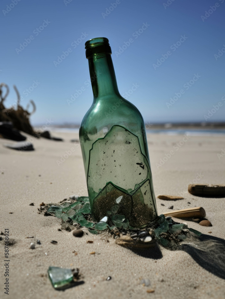 Poster a broken glass bottle its shards tered in the sand.. ai generation.