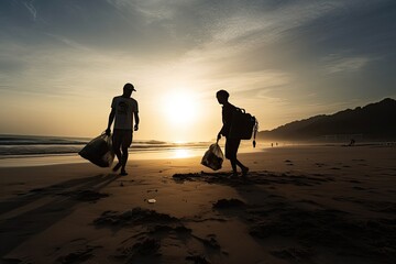 An inspiring image of two volunteers silhouetted against the sunset, diligently picking up litter from a polluted beach.