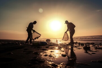 An inspiring image of two volunteers silhouetted against the sunset, diligently picking up litter from a polluted beach.