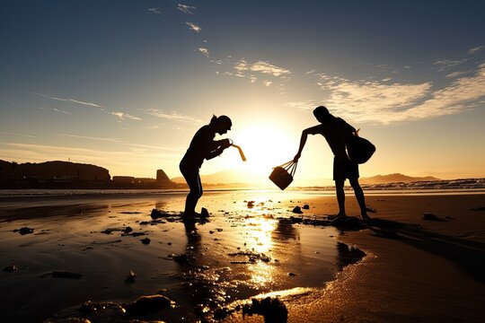 An inspiring image of two volunteers silhouetted against the sunset, diligently picking up litter from a polluted beach.
