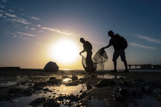An inspiring image of two volunteers silhouetted against the sunset, diligently picking up litter from a polluted beach.