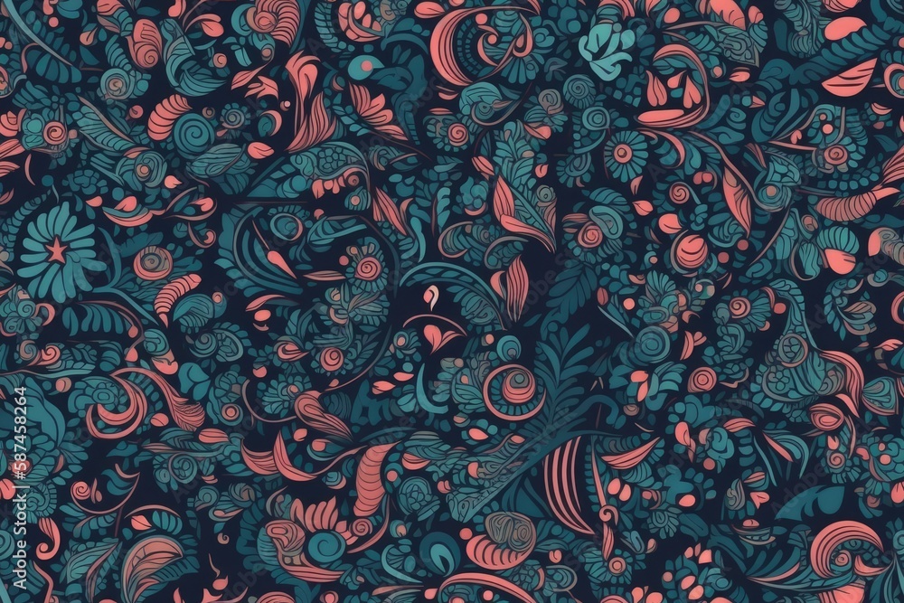 Poster vibrant floral pattern with a red and blue color scheme. Generative AI