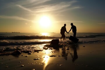 Fototapeta premium A powerful photo of two volunteers working tirelessly to clean up a polluted beach, with the silhouetted figure demonstrating the passion and commitment needed to make a difference.