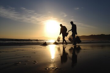 A powerful photo of two volunteers working tirelessly to clean up a polluted beach, with the silhouetted figure demonstrating the passion and commitment needed to make a difference.