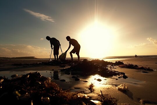 A powerful photo of two volunteers working tirelessly to clean up a polluted beach, with the silhouetted figure demonstrating the passion and commitment needed to make a difference.