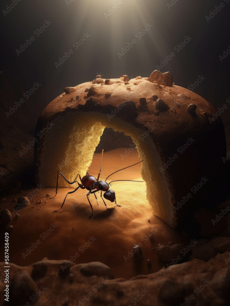 Poster an ant carrying a piece of bread through a tunnel in a mysterious mound of earth.. ai generation.
