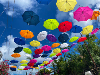 Fototapeta na wymiar Umbrellas Flying in the Sky