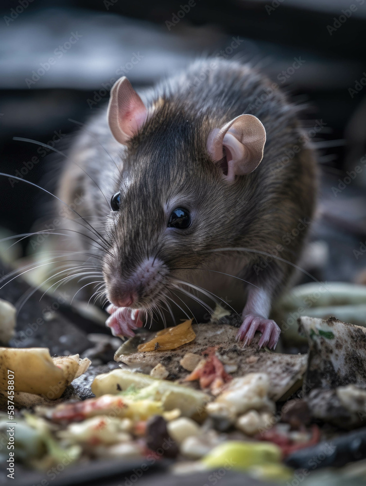 Poster a rat darting across a pile of garbage its little paws clutching bits of moldy food.. ai generation.