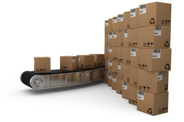 Stack of brown cardboard boxes by production line