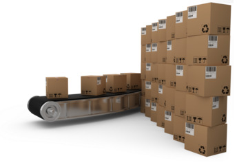 Stack of brown cardboard boxes by production line