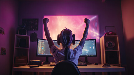 Gamer girl celebrating victory in her gaming room. Genarative AI