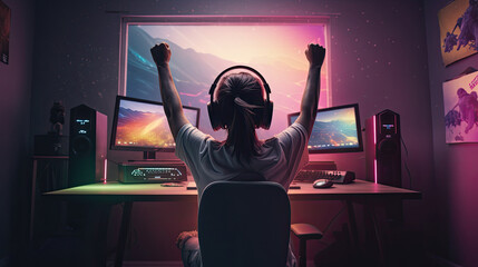 Gamer girl celebrating victory in her gaming room. Genarative AI