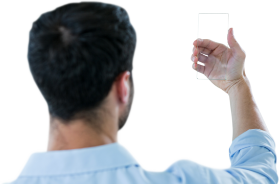 Rear view of man holding futuristic mobile phone